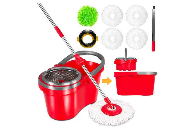 PULNDA Mop Bucket Set 360 Spin Mop Bucket with 3 Mop Heads Mop and Bucket with Wringer Set Stainless Steel Spin Mop Bucket System on Wheels for Floor