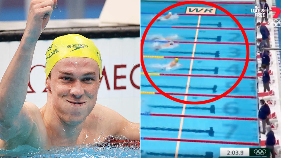 Zac Stubblety-Cook celebrates after winning gold in the 200m breaststroke. Pic: Getty/Ch7