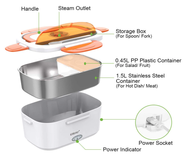 ERAY Portable Electric Heating Lunch Box 1.5L Food Storage Warmer