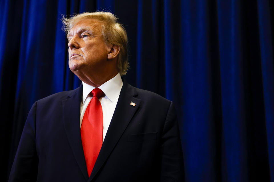 Former President Donald Trump speaks to reporters before his speech at the annual Conservative Political Action Conference in National Harbor, Md., on March 4, 2023. (Anna Moneymaker / Getty Images)