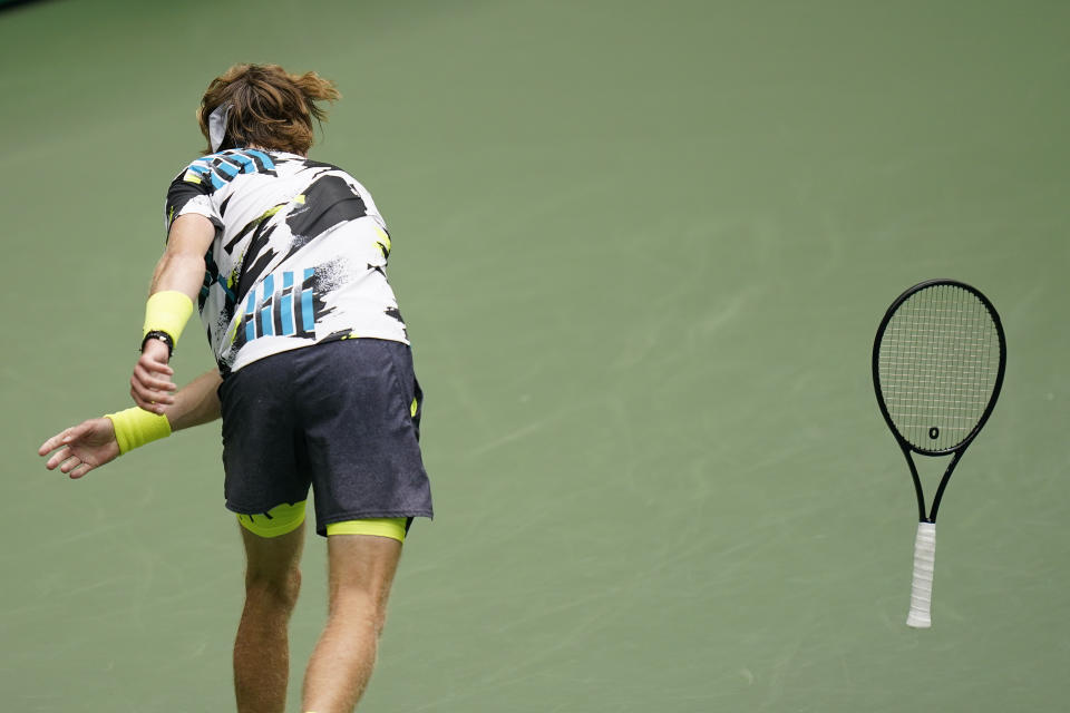 Andrey Rublev, of Russia, reacts during a match against Daniil Medvedev, of Russia, during the quarterfinals of the US Open tennis championships, Wednesday, Sept. 9, 2020, in New York. (AP Photo/Seth Wenig)