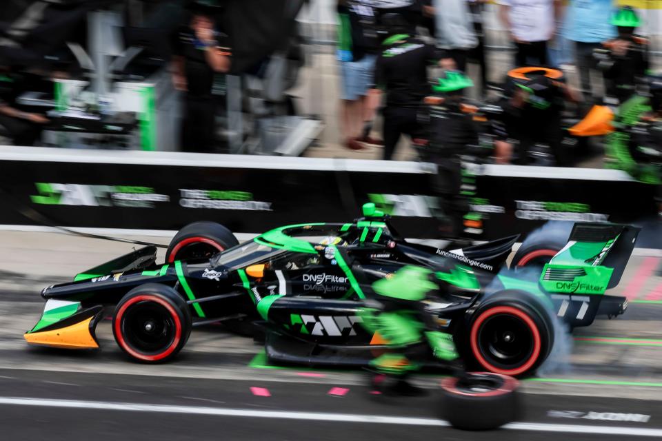 Juncos Hollinger Racing driver Romain Grosjean (77) makes a pit stop Saturday, May 11, 2024, during the Sonsio Grand Prix at Indianapolis Motor Speedway.