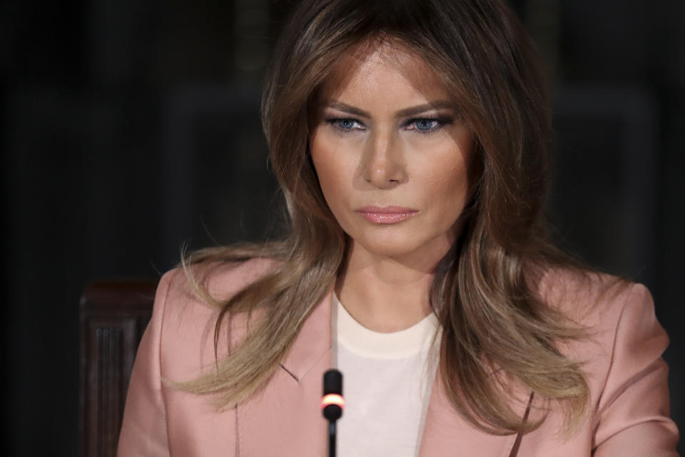 First Lady Melania Trump pauses as she speaks during an Interagency meeting to discuss youth programs throughout each of the member agencies to convene the Interagency Working Group on Youth Programs, originally established under former President George W. Bush, in an effort to build upon and improve youth programs that align with the First Lady�s Be Best initiative�in the State Dining Room on March 18, 2019 in Washington, DC. (Photo by Oliver Contreras/SIPA USA)