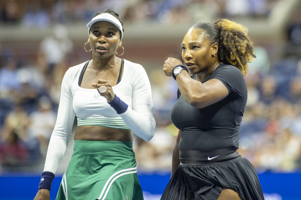 NEW YORK, USA, September 01:   Serena Williams and Venus Williams of the United States during their Women's Doubles match on Arthur Ashe Stadium against Lucie Hradecka and Linda Noskova of the Czech Republic during the US Open Tennis Championship 2022 at the USTA National Tennis Centre on September 1st 2022 in Flushing, Queens, New York City.  (Photo by Tim Clayton/Corbis via Getty Images)