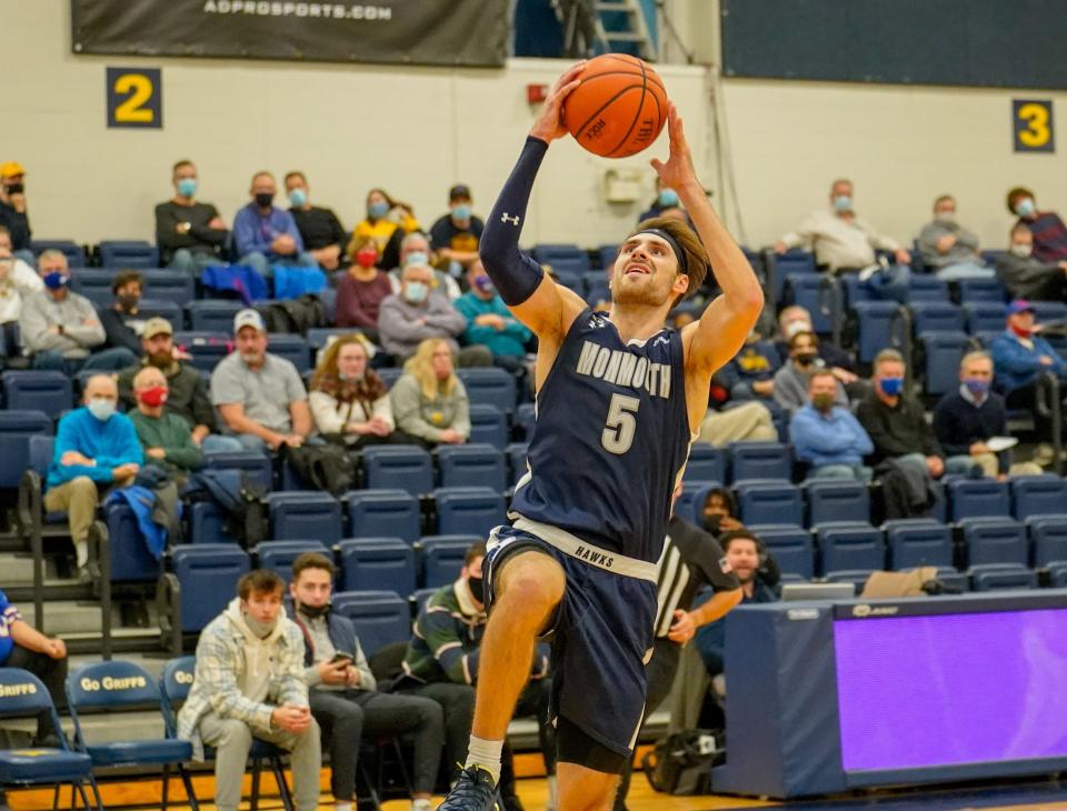 Monmouth's George Papas had a double-double, finishing with 19 points and 11 rebounds, in the Hawks' 79-65 win over Canisius in Buffalo, New York on Dec. 5, 2021.