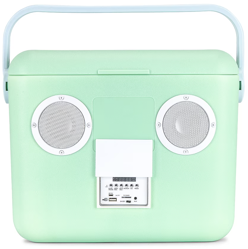 light green cooler with white speakers