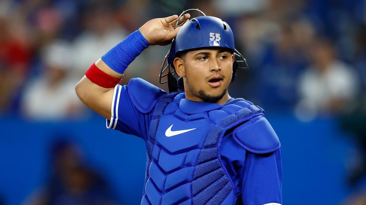 May 3, 2022, TORONTO, ON, CANADA: Toronto Blue Jays catcher Alejandro Kirk  (30) hits a double against the New York Yankees during fifth inning  American League MLB baseball action in Toronto on