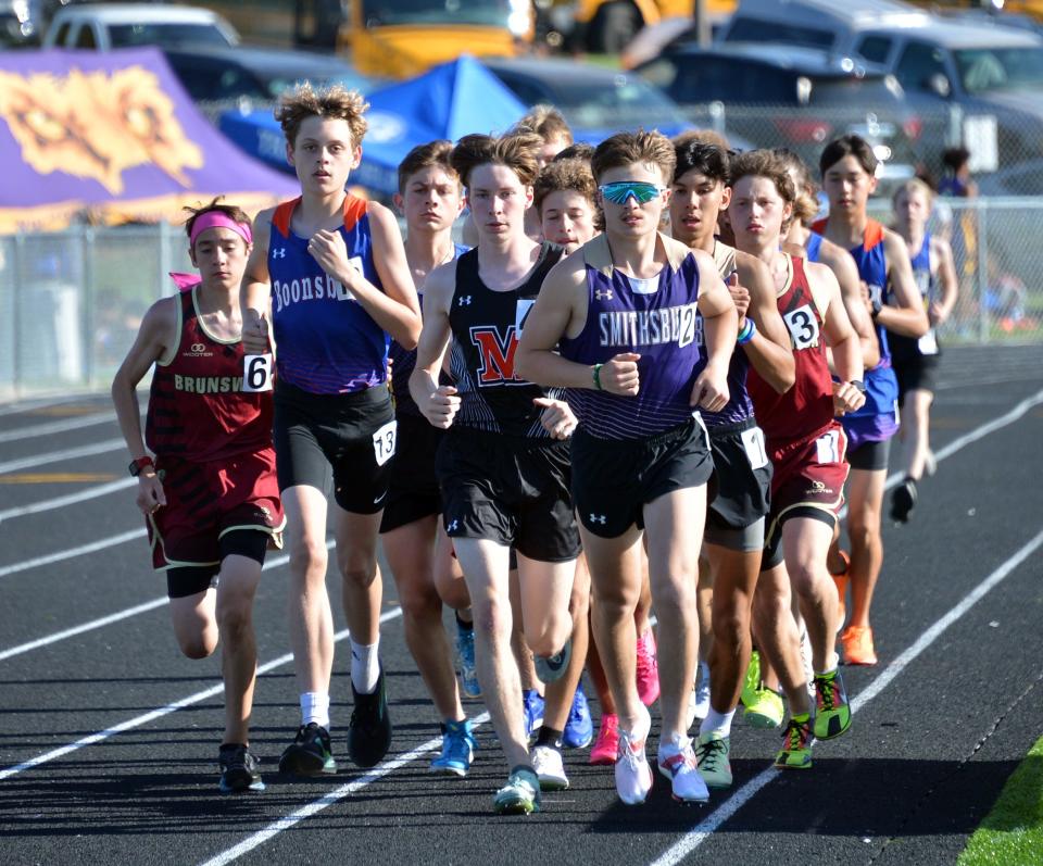 Smithsburg's Michael Wynkoop (2) leads the pack in the first lap of the boys 3,200, which Wynkoop won.