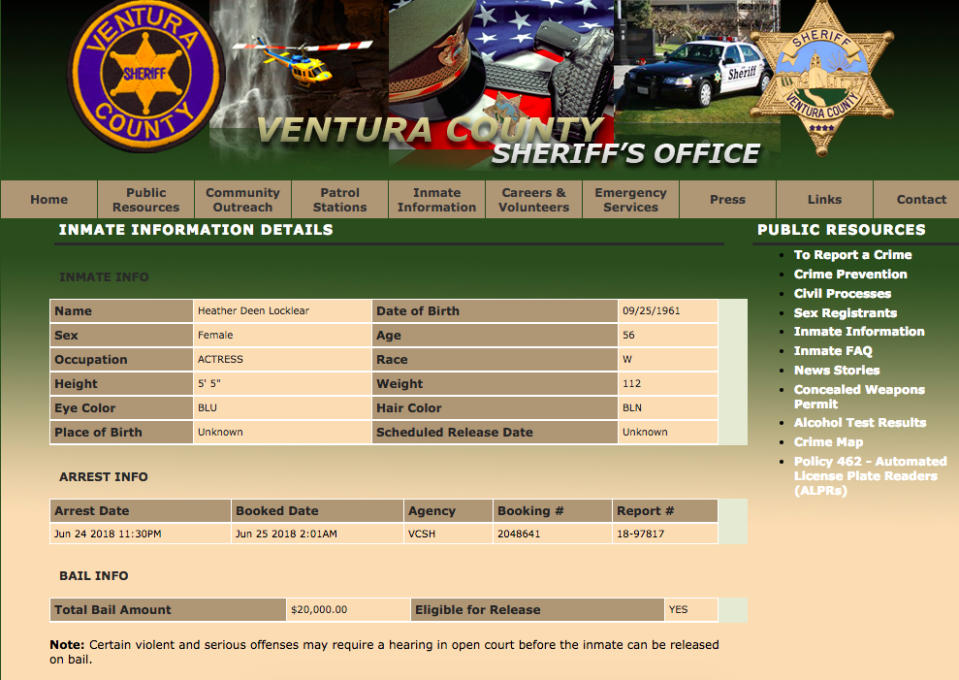 The information on Locklear’s latest arrest. (Image: Ventura County Sheriff’s Office)