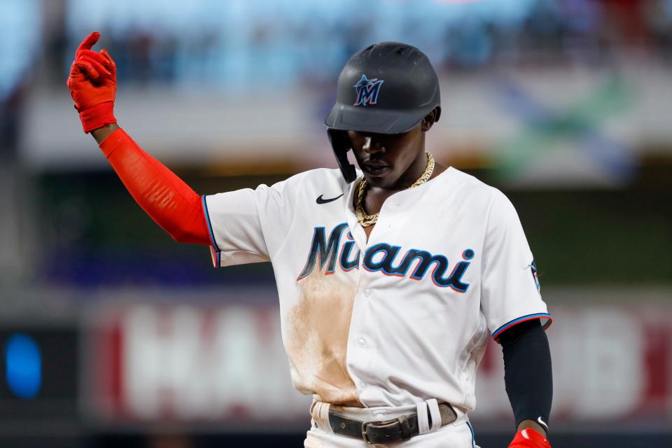 Marlins second baseman Jazz Chisholm Jr. reacts at first base after hitting an RBI single against the Nationals on Monday.