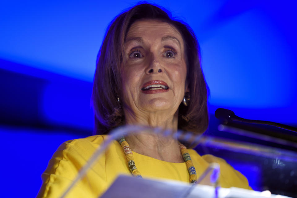 House Speaker Nancy Pelosi addresses a gathering of the South Carolina Democratic Party on Friday, Oct. 4, 2019, in Greenville, S.C. (AP Photo/Meg Kinnard)