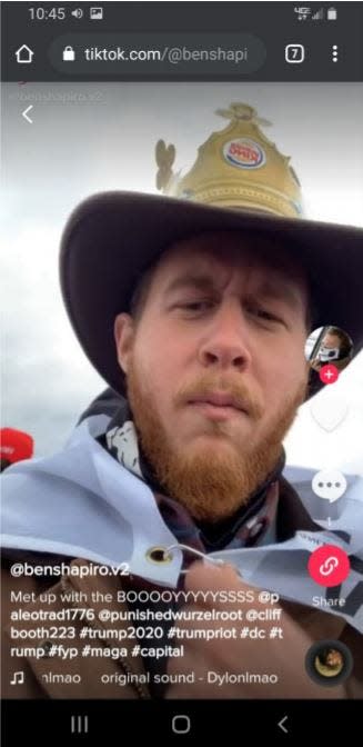 Nicholas Lattanzi, of Millsboro, pictured on his TikTok account at the Jan. 6 riots at the U.S. Capitol.