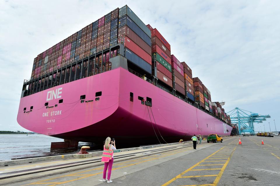 The One Stork ties up at the pier at JAXPORT Blount Island Marine Terminal where the previous largest container ship that the port could handle, the Zim Rotterdam was already tied up and moving cargo Tuesday morning. The container ship One Stork made its first stop at the JAXPORT Blount Island Marine Terminal pier Tuesday, May 9, 2023 marking it the largest ship to dock at the Jacksonville facility. Once tied up at the pier, the One Stork, capable of carrying 14,000 containers shared the pier with the the previous port record holder, the Zim Rotterdam, which could haul 11,900 containers.