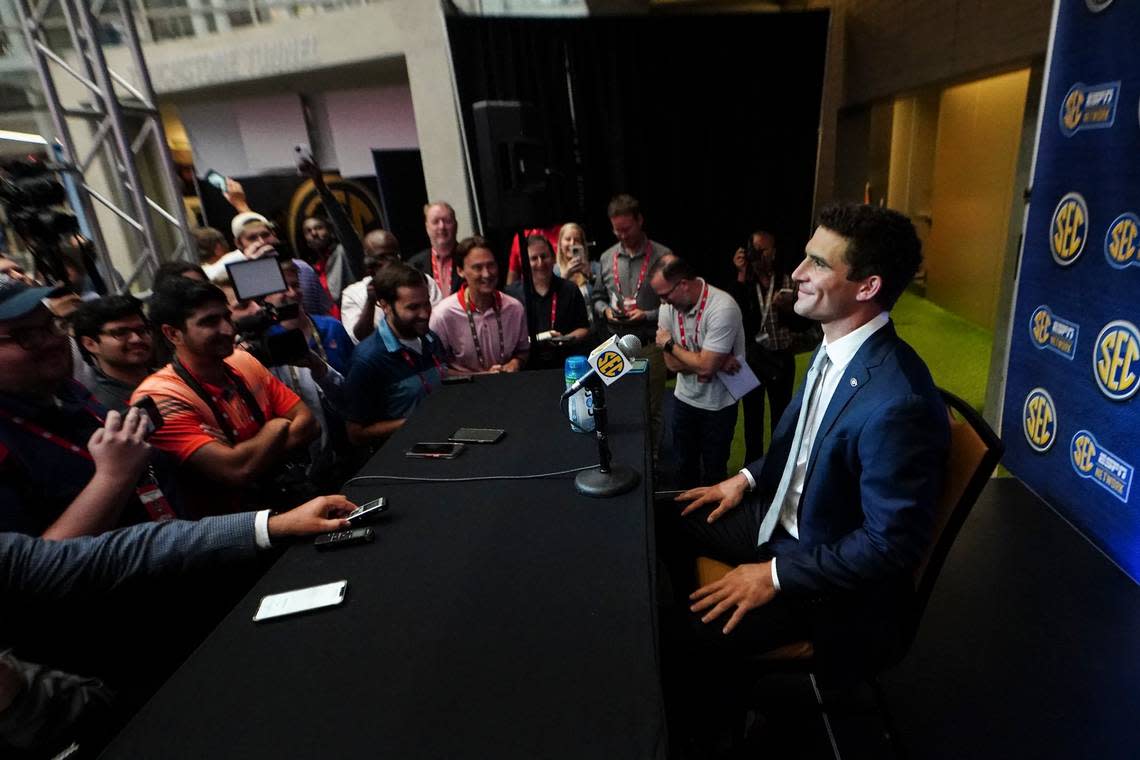 Georgia quarterback Stetson Bennett speaks during SEC Football Media Days on Wednesday in Atlanta.