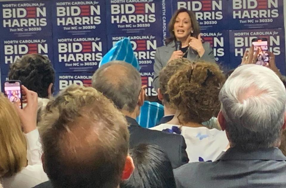 Vice President Kamala Harris makes remarks Thursday afternoon at the Biden-Harris campaign office in Charlotte after announcing $20 billion in grants earlier in the day.