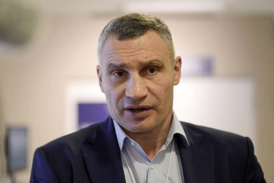 Kyiv Mayor Vitali Klitschko talks during an interview with the Associated Press at the World Economic Forum in Davos, Switzerland, on Wednesday, Jan. 18, 2023. The annual meeting of the World Economic Forum is taking place in Davos from Jan. 16 until Jan. 20, 2023. (AP Photo/Markus Schreiber)