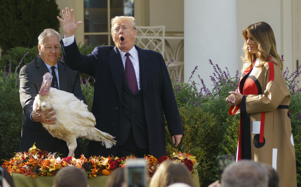 President Donald Trump pardons "Peas", as he and first lady Melania Trump participate in a ceremony to pardon the National Thanksgiving Turkey in the Rose Garden of the White House in Washington, Tuesday, Nov. 20, 2018. Holding the turkey is Jeff Sveen, chairman of the National Turkey Federation. (AP Photo/Carolyn Kaster)