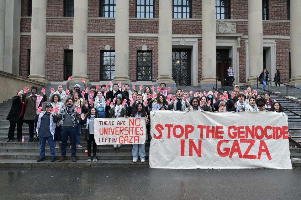 PHOTO: In this Jan. 25, 2024, file photo, Harvard students take part in a demonstration in support of Palestinians on the steps of the Widener Library in Harvard Yard, in Cambridge, Mass. (The Washington Post via Getty Images, FILE)