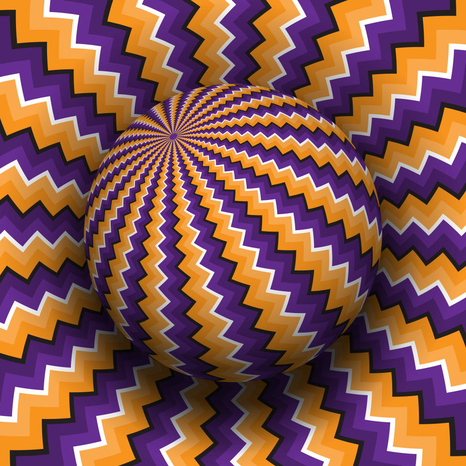 Purple orange zig-zag patterned sphere. Does the image appear dynamic to you?