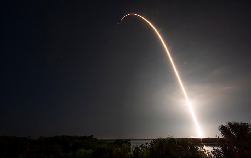 In this long exposure photo, a SpaceX Falcon 9 rocket carrying the company's Dragon spacecraft is launched on NASA's SpaceX Crew-6 mission to the International Space Station Thursday, March 2, 2023, at NASA's Kennedy Space Center in Florida.