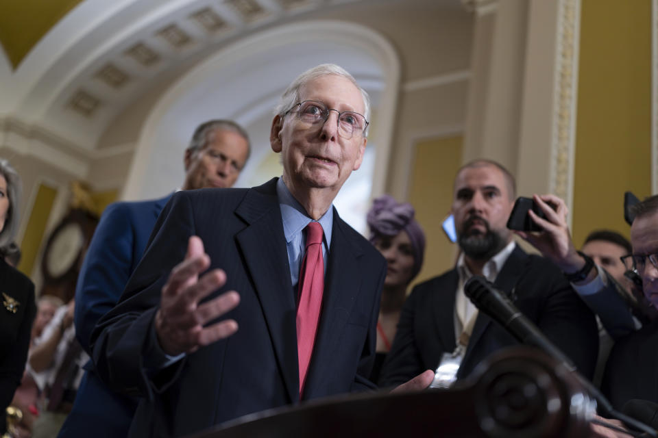 Senate Minority Leader Mitch McConnell, R-Ky., speaks to reporters after a closed-door GOP strategy meeting, at the Capitol in Washington, Wednesday, Sept. 6, 2023. McConnell did not elaborate on his health status in the wake of two public episodes where he froze while talking to the press. (AP Photo/J. Scott Applewhite)