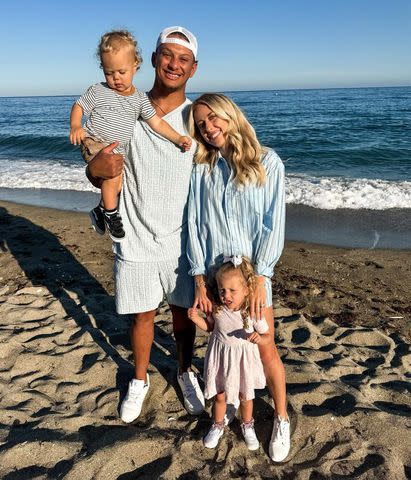 <p>Brittany Mahomes/Instagram</p> Patrick and Brittany Mahomes with their kids Bronze and Sterling in Spain
