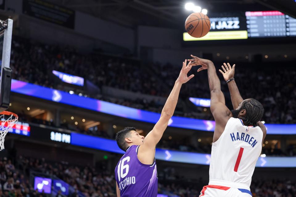 LA Clippers guard James Harden (1) shoots over Utah Jazz forward Simone Fontecchio (16) at the Delta Center in Salt Lake City on Friday, Dec. 8, 2023. | Spenser Heaps, Deseret News