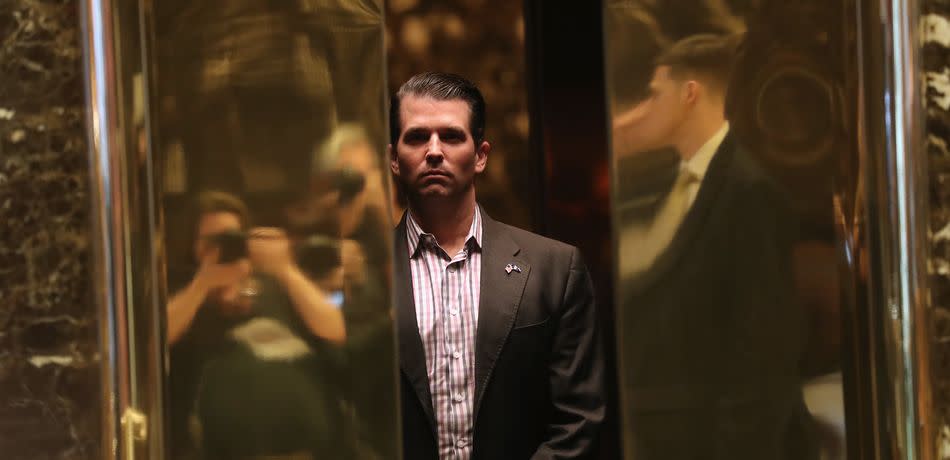 Donald Trump Jr. arrives at Trump Tower on January 18, 2017 in New York City. President-elect Donald Trump is to be sworn in as the 45th President of the United States on January 20.