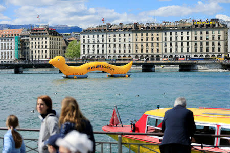 A giant 25m worm representing the parasitic worm of schistosomiasis, that causes significant suffering and death to thousands of people around the world, is pictured on the Lake Leman on the occasion of the Neglected Tropical Diseases Summit, in Geneva, Switzerland, April 18, 2017. REUTERS/Pierre Albouy