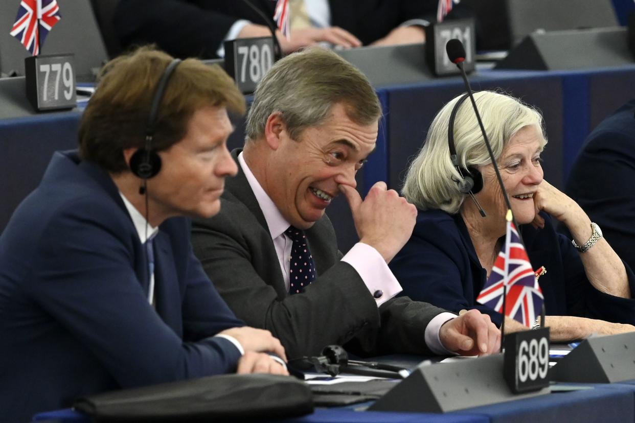 Brexit campaigner and Member of the European Parliament Nigel Farage (C) gestures as he attends a debate at the European Parliament in Strasbourg, eastern France on December 18, 2019. (Photo by FREDERICK FLORIN / AFP) (Photo by FREDERICK FLORIN/AFP via Getty Images)