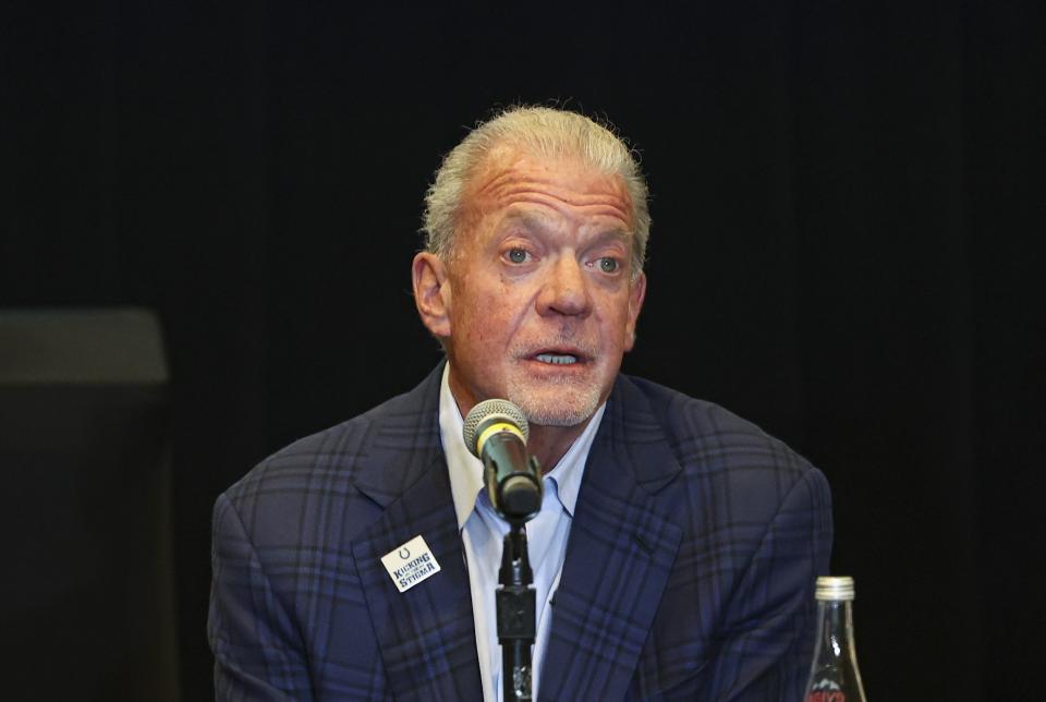 FILE - Indianapolis Colts NFL football team owner Jim Irsay speaks during a press conference March 30, 2023, in Miami. The Indianapolis Colts want other NFL teams to know they consider contacting former quarterback Andrew Luck or his representatives tampering. Team owner Jim Irsay made it clear a Twitter post late Sunday night, May 7, 2023, following a weekend report from ESPN that the Washington Commanders attempted to find out in 2022 whether the four-time Pro Bowler would consider making a comeback. (Alie Skowronski/Miami Herald via AP, File)