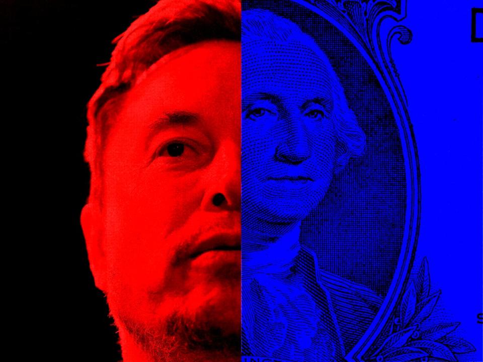 A graphic of Elon Musk's face and a dollar bill side-by-side.