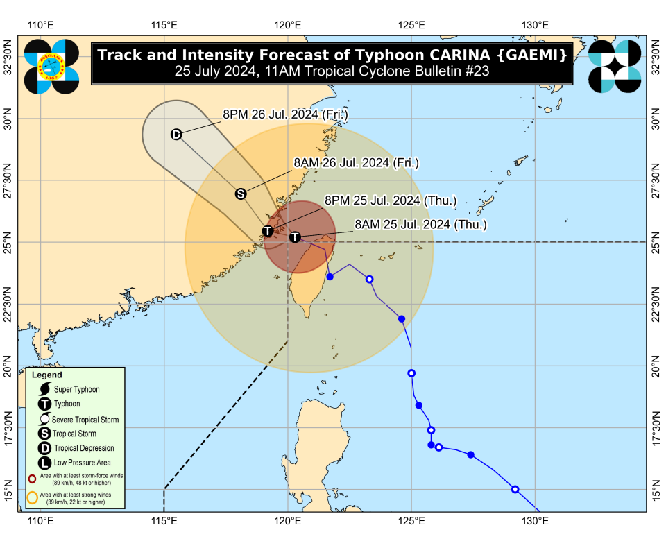 Map shows path of Typhoon Gaemi and forecast time for next landfall (PAGASA)