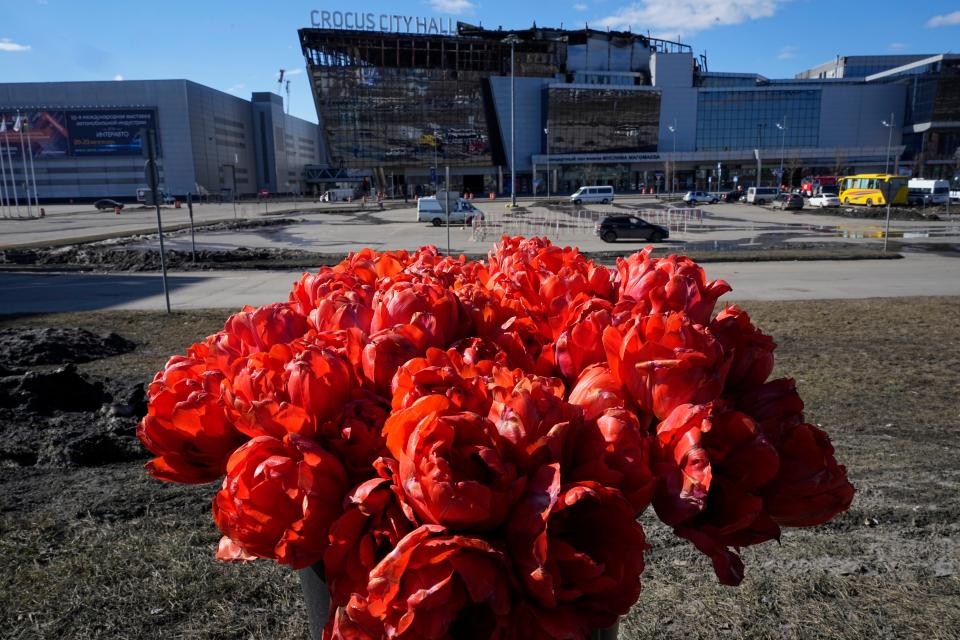 Flowers for the 140 victims outside the Crocus concert hall (Copyright 2024 The Associated Press. All rights reserved.)