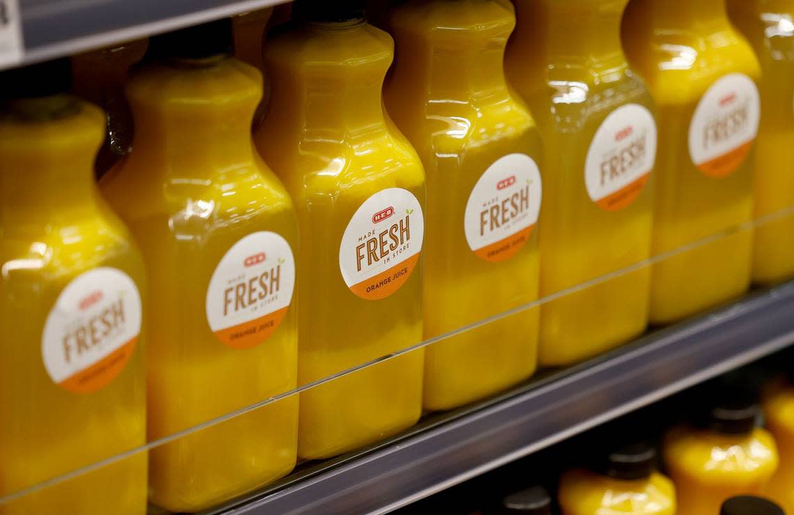 Freshly presses orange juice at the Fort Worth Alliance H-E-B on Tuesday, April 9, 2024, in Fort Worth. Amanda McCoy/amccoy@star-telegram.com