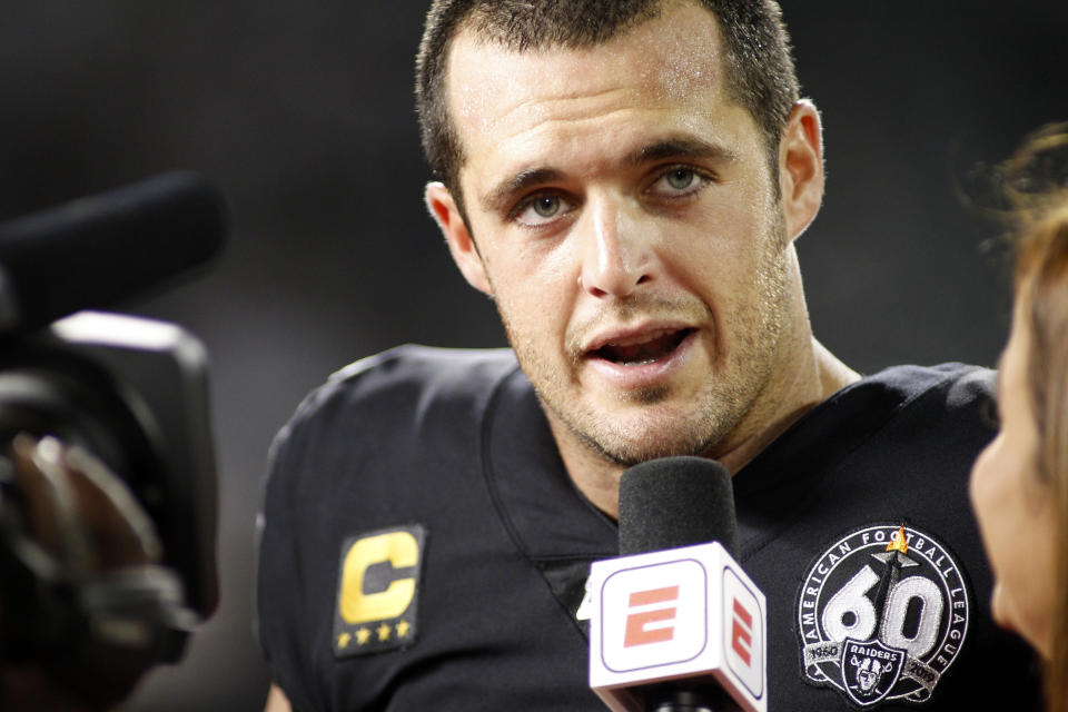 OAKLAND, CA - SEPTEMBER 09: Oakland Raiders Quarterback Derek Carr (4) chats with the media after the Monday Night Football Season Opener between the Denver Broncos and the Oakland Raiders on Sept. 9, 2019 at RingCentral Coliseum in Oakland, CA. (Photo by Larry Placido/Icon Sportswire via Getty Images)