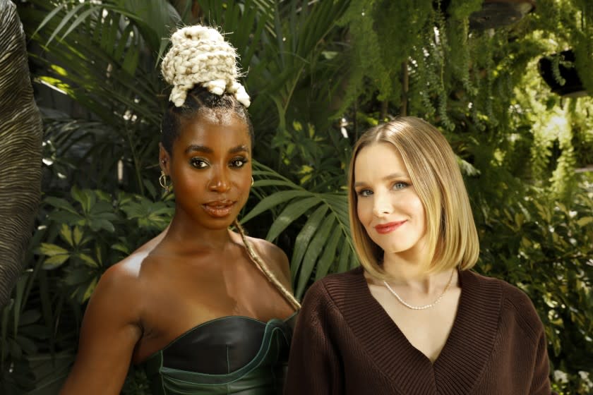 Los Angeles, California-Aug. 25, 2021-Kirby Howell-Baptiste, left, and Kristen Bell, right, co-star in "The Good Place" and in the upcoming movie "Queenpins," for release in September 2021. Photographed in Los Angeles on Aug. 26, 2021. (Carolyn Cole / Los Angeles Times)