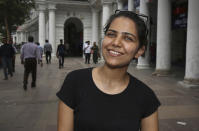 In this Tuesday, April 16, 2019, photo, Monika Dalal, 20, a psychology student talks to associated Press in New Delhi, India. With nearly half the electorate under 35 and more than 15 million first time voters, India's young can swing the national vote in the world's largest democracy in any direction. “Women’s safety is the major issue for me. People are talking a lot about it and there are slogans like “Save girl child, educate girl child,” being launched, but I don’t think these concepts are applied to the roots with practicality. I have been to the villages and seen how girls are treated. They are not even educated and if they do go to school, they are forced to marry right after completing grade 12,” Dalal said. (AP Photo/Manish Swarup)