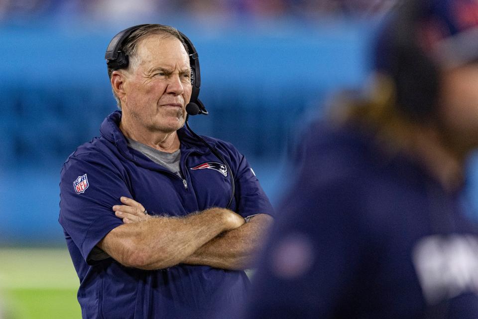 New England Patriots head coach Bill Belichick watches play during their NFL football game against the Tennessee Titans Friday, Aug. 25, 2023, in Nashville, Tenn. (AP Photo/Wade Payne)