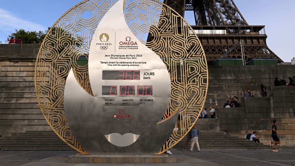 The official Olympic countdown clock is located beside the River Seine in Paris.  - Tullio M. Puglia/Getty Images