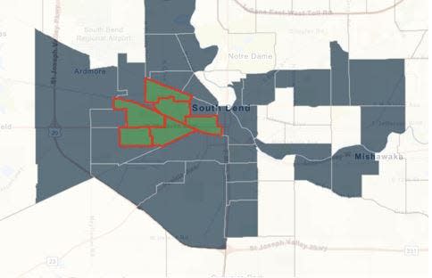 These six census tracts covering multiple neighborhoods on South Bend's west side are the target areas for an EPA grant to promote environmental justice.