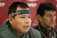 Emerson Sandi, president of Amazon's native communities of the Tigre basin, speaks during a news conference with the foreign media in Lima, Peru, August 22, 2017. REUTERS/Guadalupe Pardo