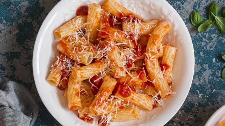 Top-down view of a plate of rigatoni pomodoro