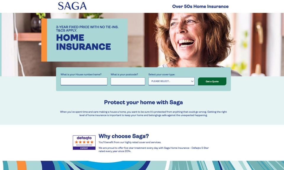 <span>Saga home insurance promises a good deal for the over 50s on its website.</span><span>Photograph: webpage</span>