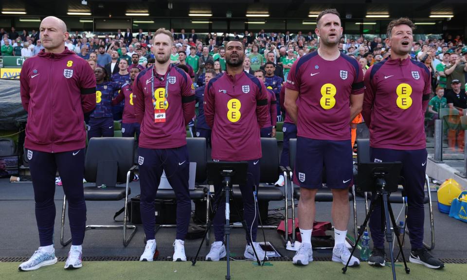 <span>Lee Carsley (left) did not sing God Save the King as he had signalled in the run-up to the match against the Republic of Ireland.</span><span>Photograph: Alex Livesey/Uefa/Getty Images</span>