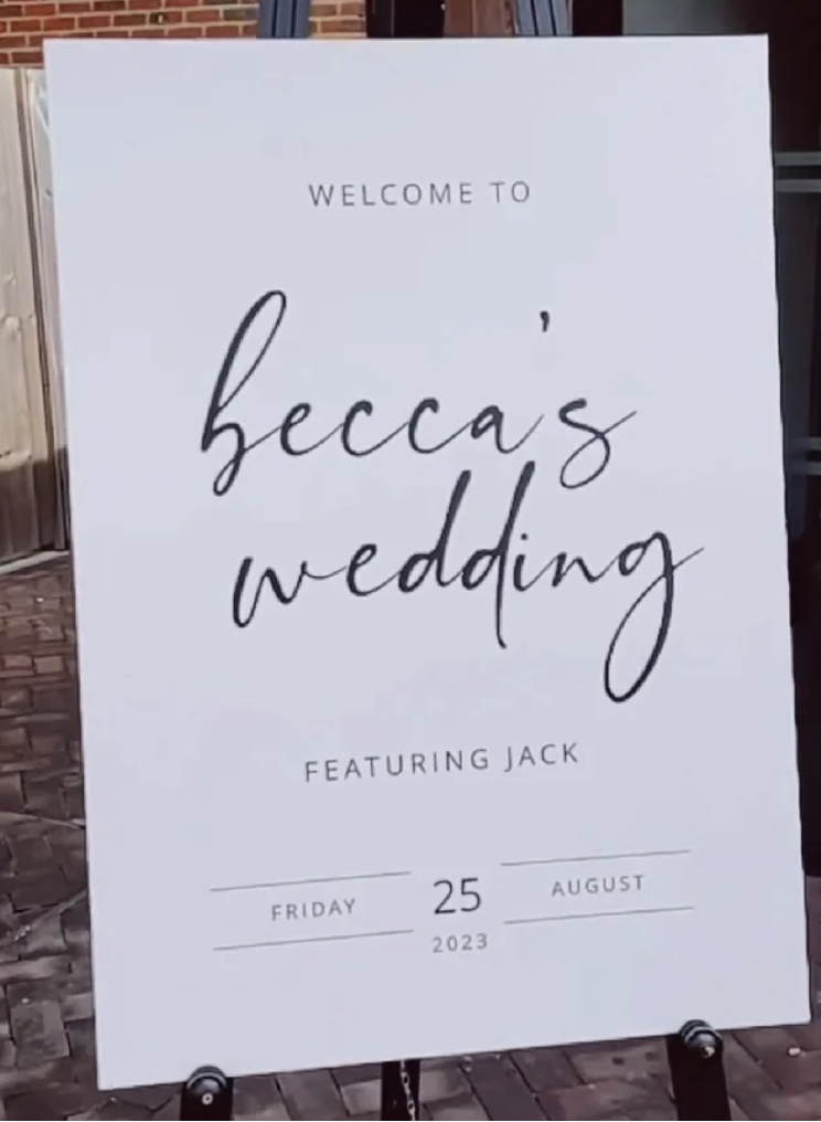 "Welcome to Becca's wedding, featuring Jack"