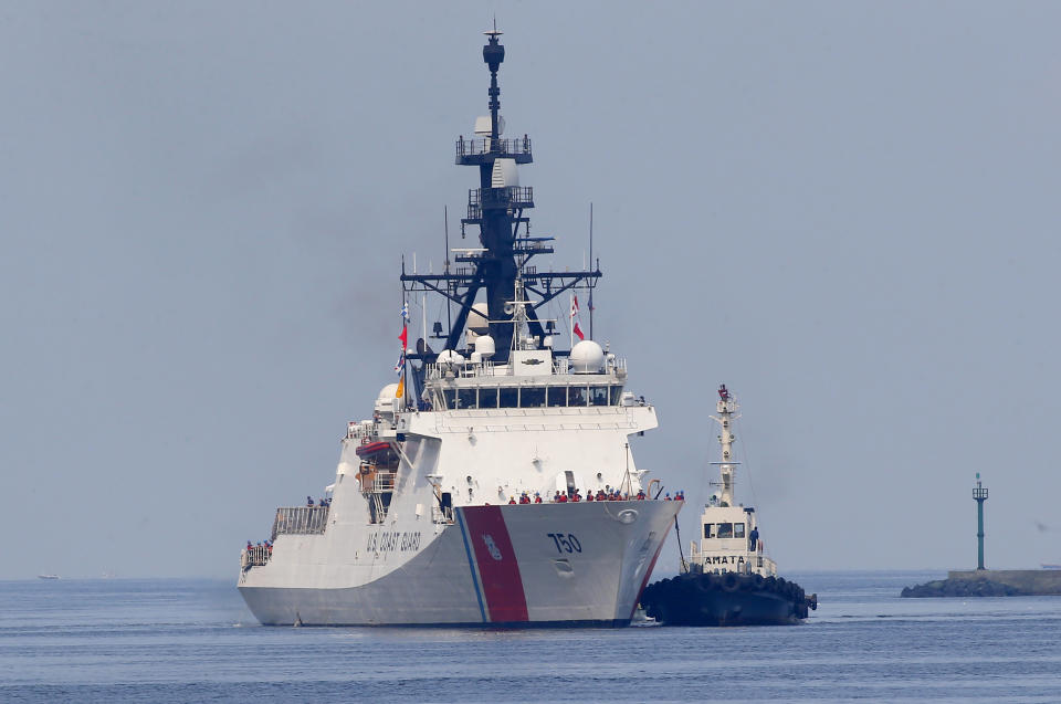 The U.S. Coast Guard National Security Cutter Bertholf (WMSL 750) arrives for a port call in the first visit by a U.S. cutter in over seven years, Wednesday, May 15, 2019 in Manila, Philippines. Capt. John Driscoll, commanding officer of the Bertholf, told reporters that two Chinese Coast Guard ships were spotted off the South China Sea while they were conducting a joint exercise with Philippine Coast Guard. (AP Photo/Bullit Marquez)