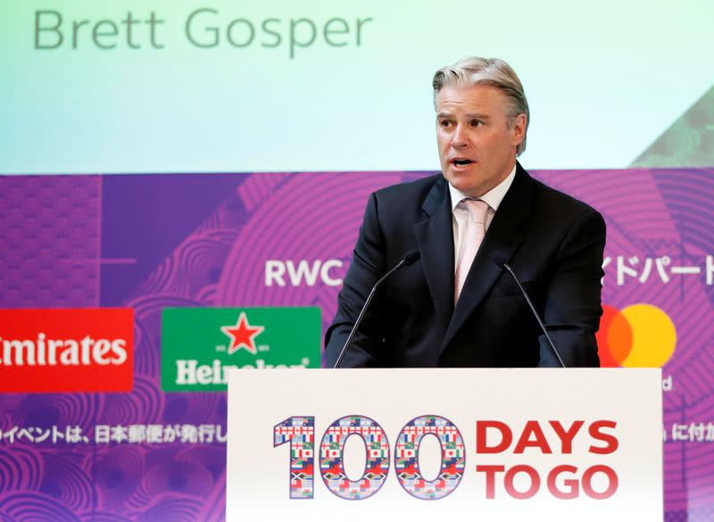 World Rugby CEO Brett Gosper delivers a speech during an event to mark the final 100 days to go for the Rugby World Cup 2019 kick off in Japan, in Tokyo