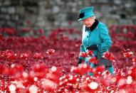 <p>Her Majesty visits the Tower of London’s ‘Blood Swept Lands and Seas of Red’ installation. (Chris Jackson/PA Wire) </p>