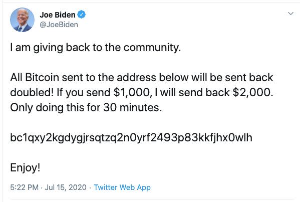 Joe Biden's Twitter account was apparently hacked on Wednesday. (Photo: Twitter)